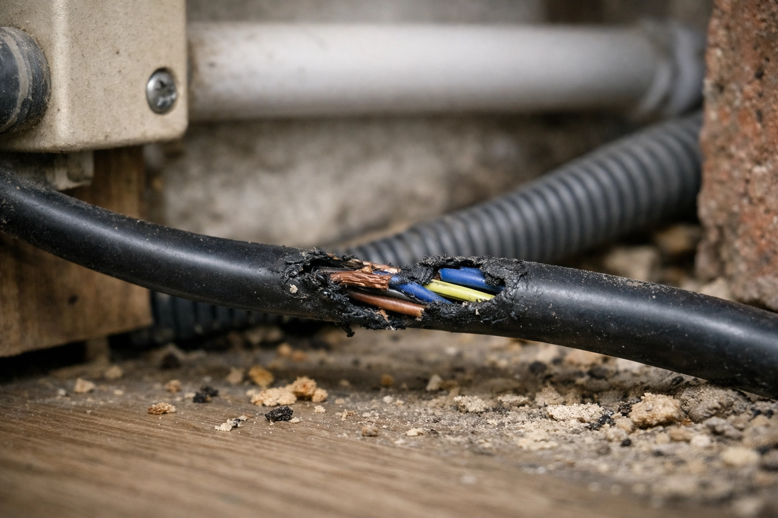 Câble électrique endommagé par des rats dans une maison