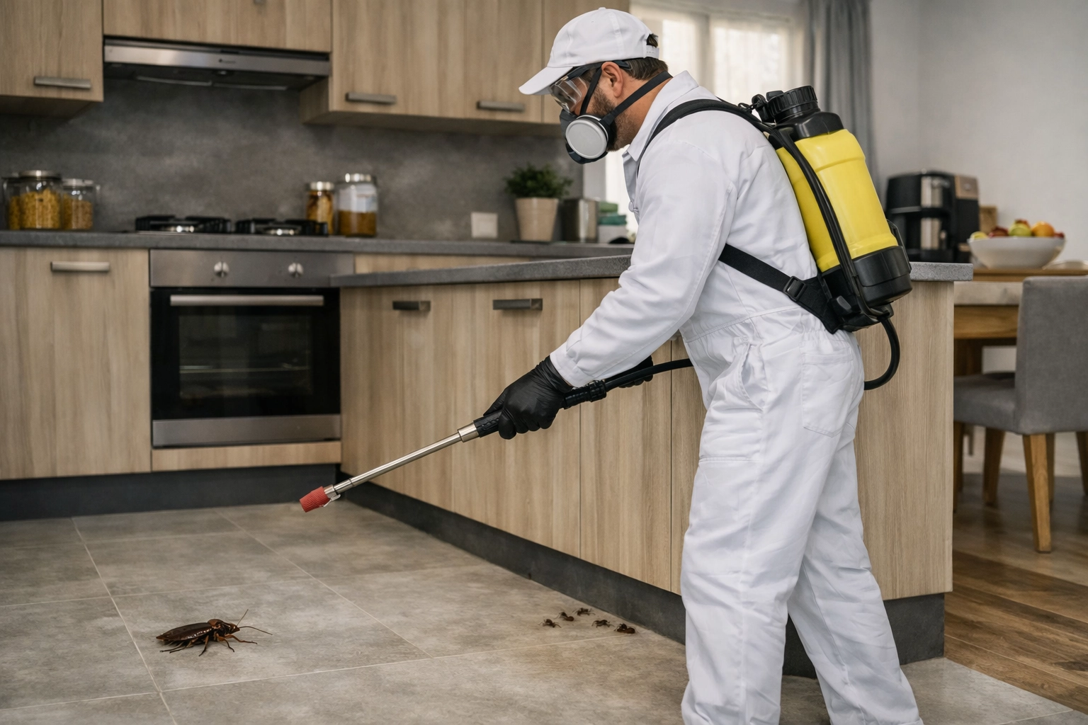 Technicien Paraxilocentre réalisant une désinsectisation professionnelle contre les insectes nuisibles