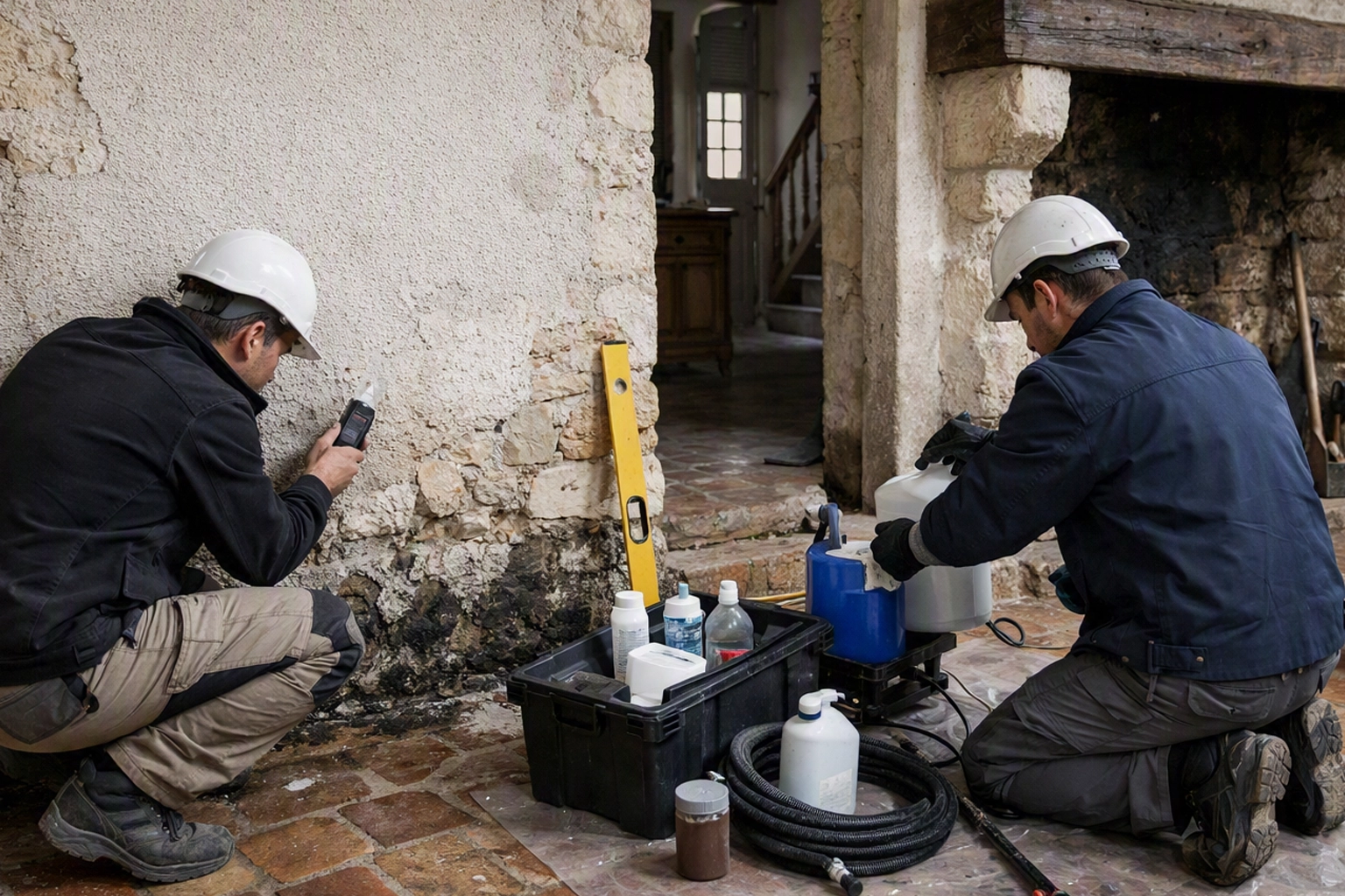 Professionnel intervenant sur un bâtiment pour traiter des murs humides