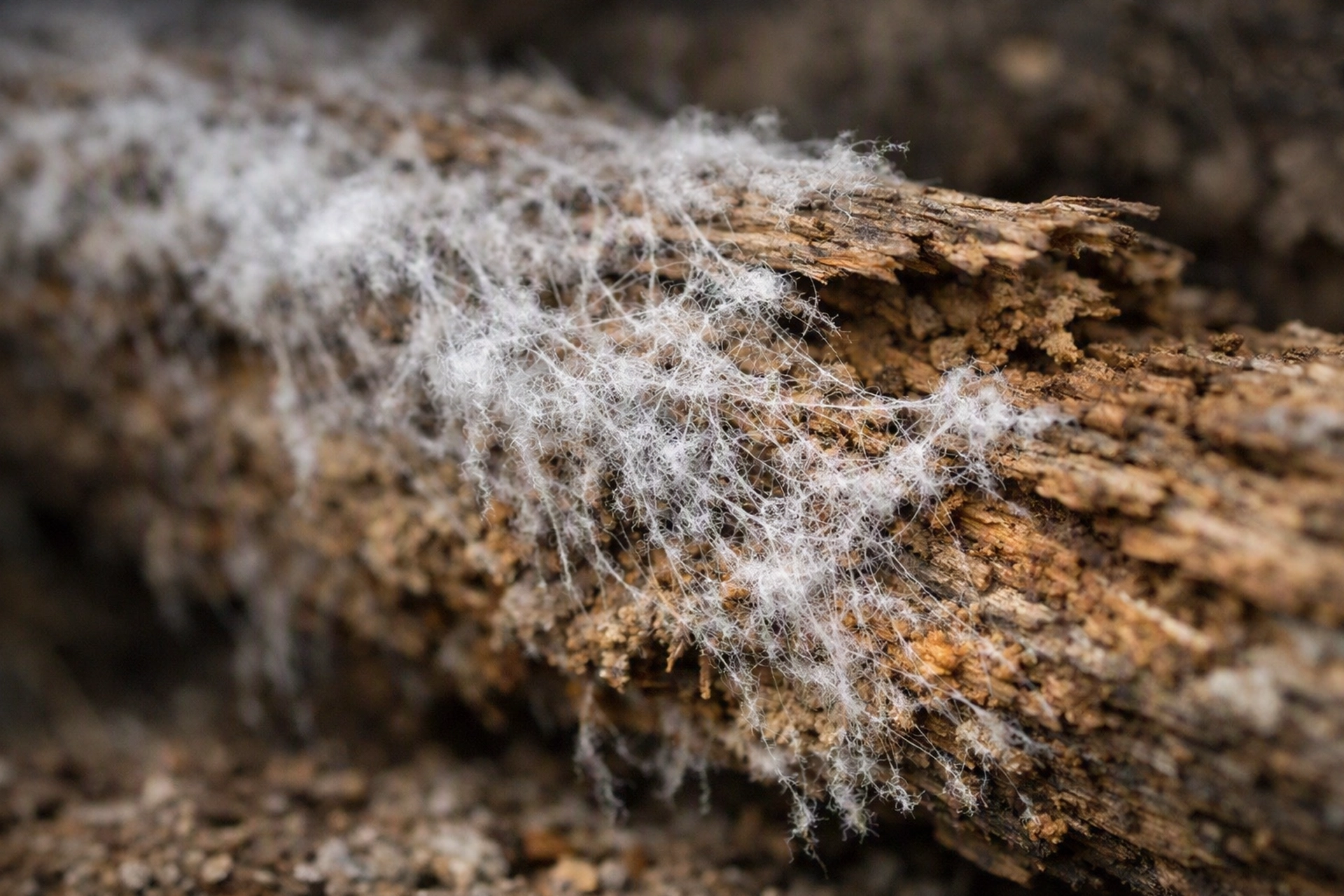 Mérule (Serpula lacrymans) développée sur une poutre en bois avec filaments blancs