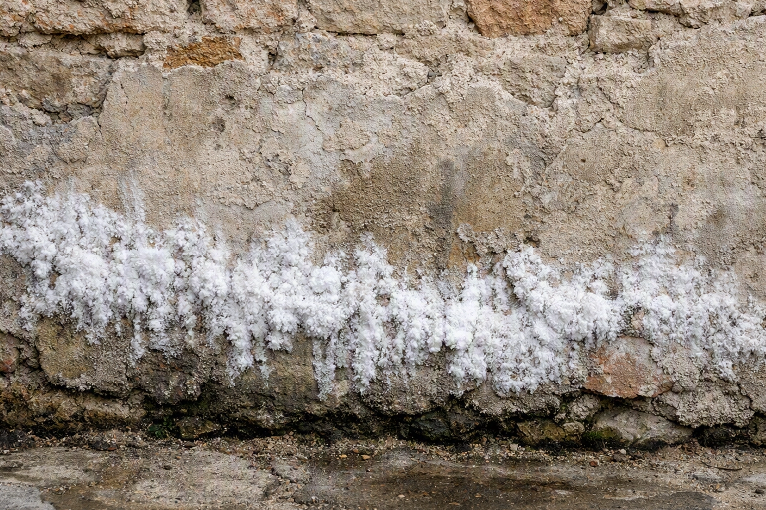 Dépôts de salpêtre sur la partie basse d'un mur humide