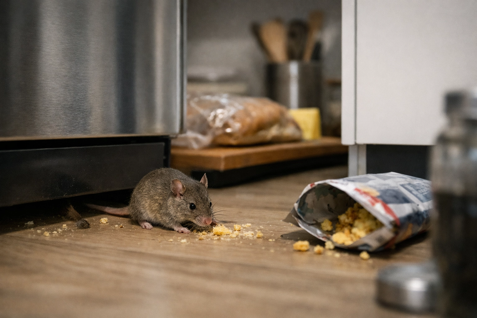 Présence d’une souris domestique dans une cuisine nécessitant une dératisation